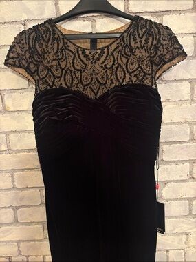 NWT Vintage Tadashi Black Velvet Beaded Illusion Maxi Dress M